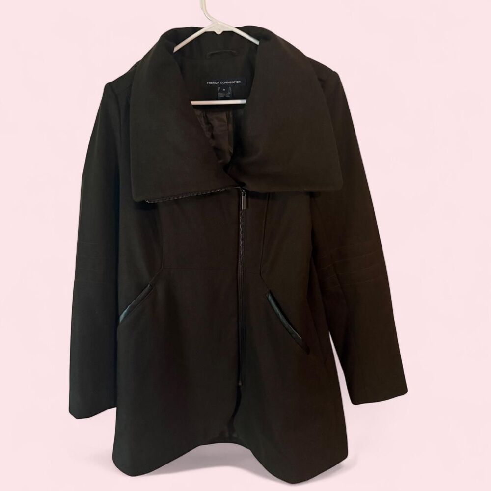 French Connection 50% Wool Asymmetrical Tulip Hem Coat Black - Size M